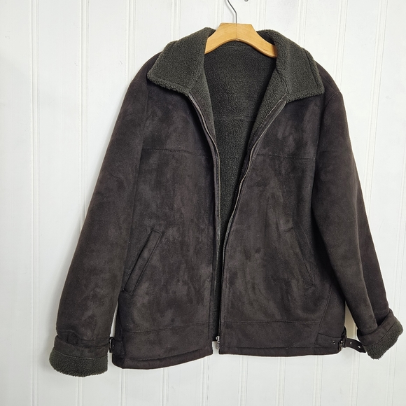 ZARA Black Faux Suede Aviator Jacket Shearling Lined Zip Coat Mens L - Picture 11 of 14